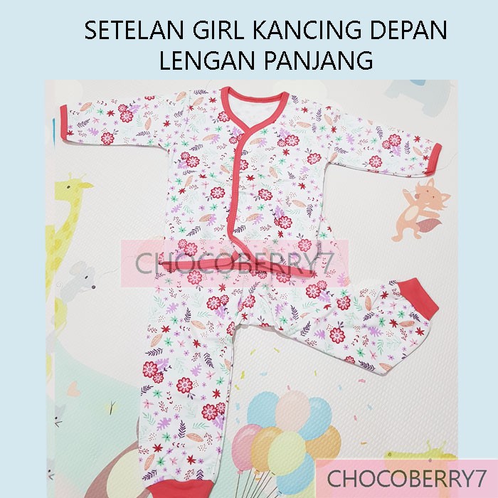 Setelan Baju Bayi Perempuan Anak Lengan Panjang Kancing Depan Pundak + Celana merk LittleQ Little Q