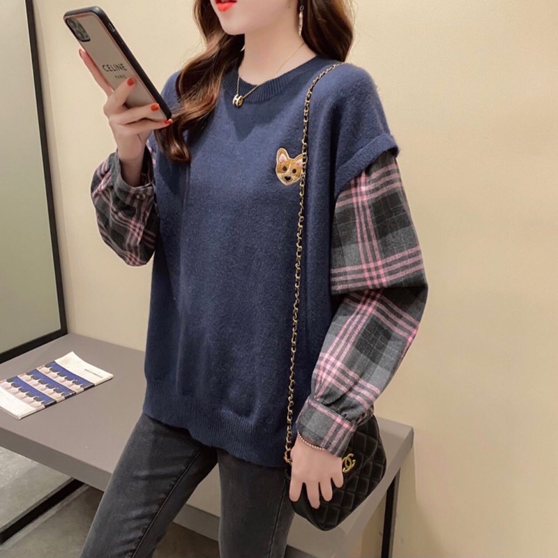 Puppy Fury Knit Mix Tartan Sweater baju cewek lengan panjang baju cewek import korea baju cewek impo