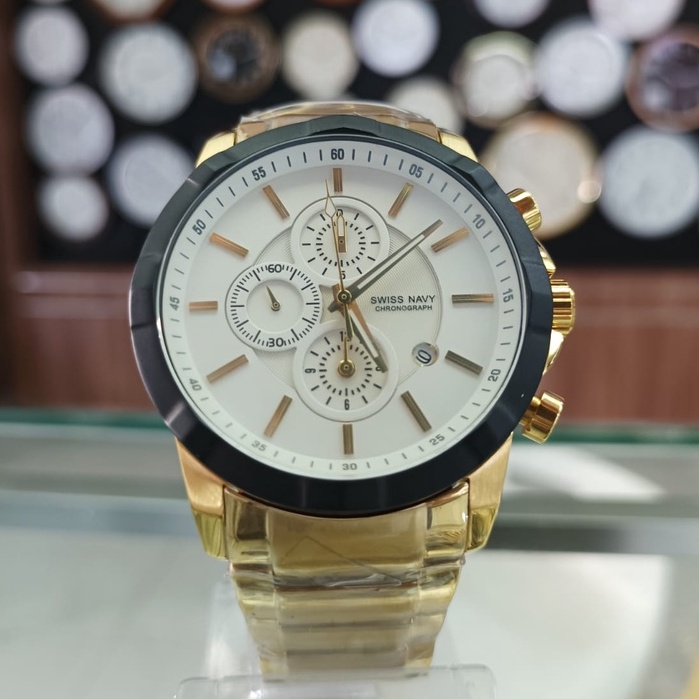 JAM TANGAN PRIA SWISS NAVY SN-6826 M GOLD BLACK DIAL WHITE ORIGINAL