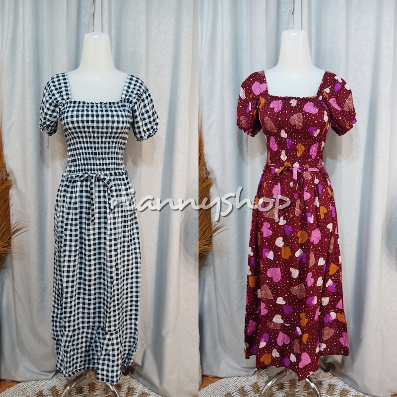 DRESS KERUT KOTAK PANJANG LENGAN KARET