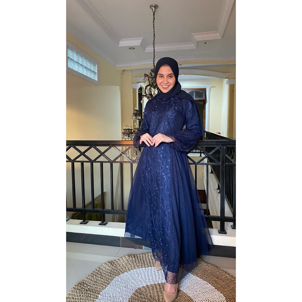 GAMIS MC 018 -  BROKAT TILE KOMBINASI POLKADOT NAVY BLUE