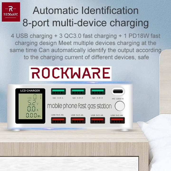 ROCKWARE 818D - 7 USB Port and 1 PD 18W Port Charging Station - 100W