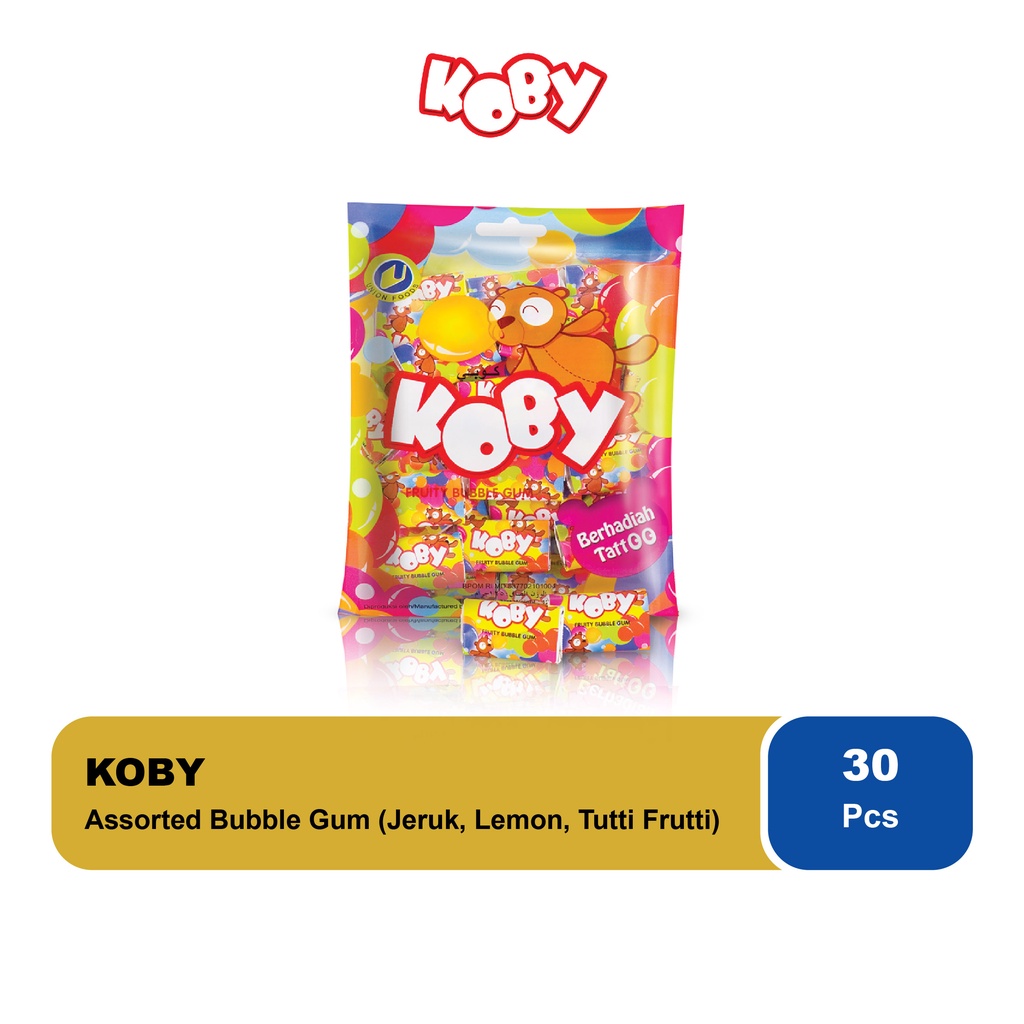 

Permen Karet KOBY Rasa Jeruk, Lemon, Tuttifrutti 120 gram - KOBY Bubble Gum