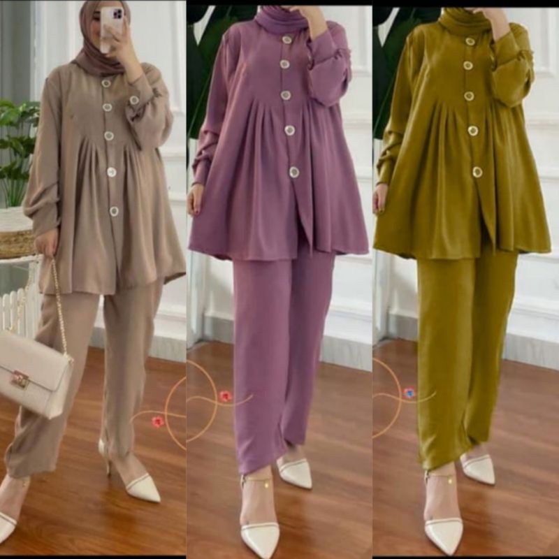 ZIVIA SET CRINKLE KANCING BESAR / SETELAN POLOS WANITA / CELANA KULOT WANITA / ONE SET ZIVIA POLOS