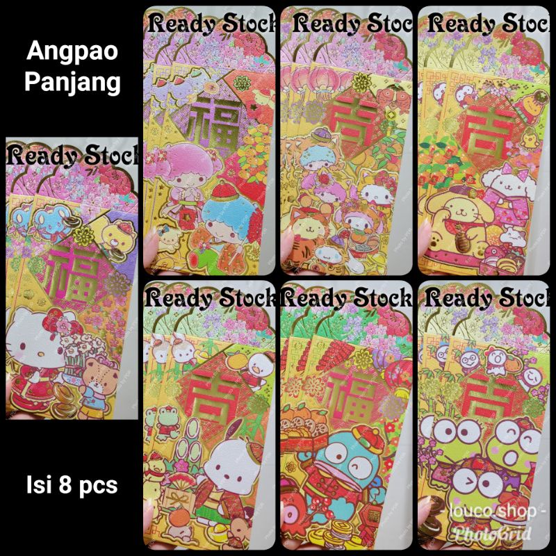 

Angpao Panjang Imlek CNY Isi 8pcs Sanrio Karakter Hello Kitty, Little Twin Stars, Hangyodon, Keroppi, Pompompurin, Pochacco