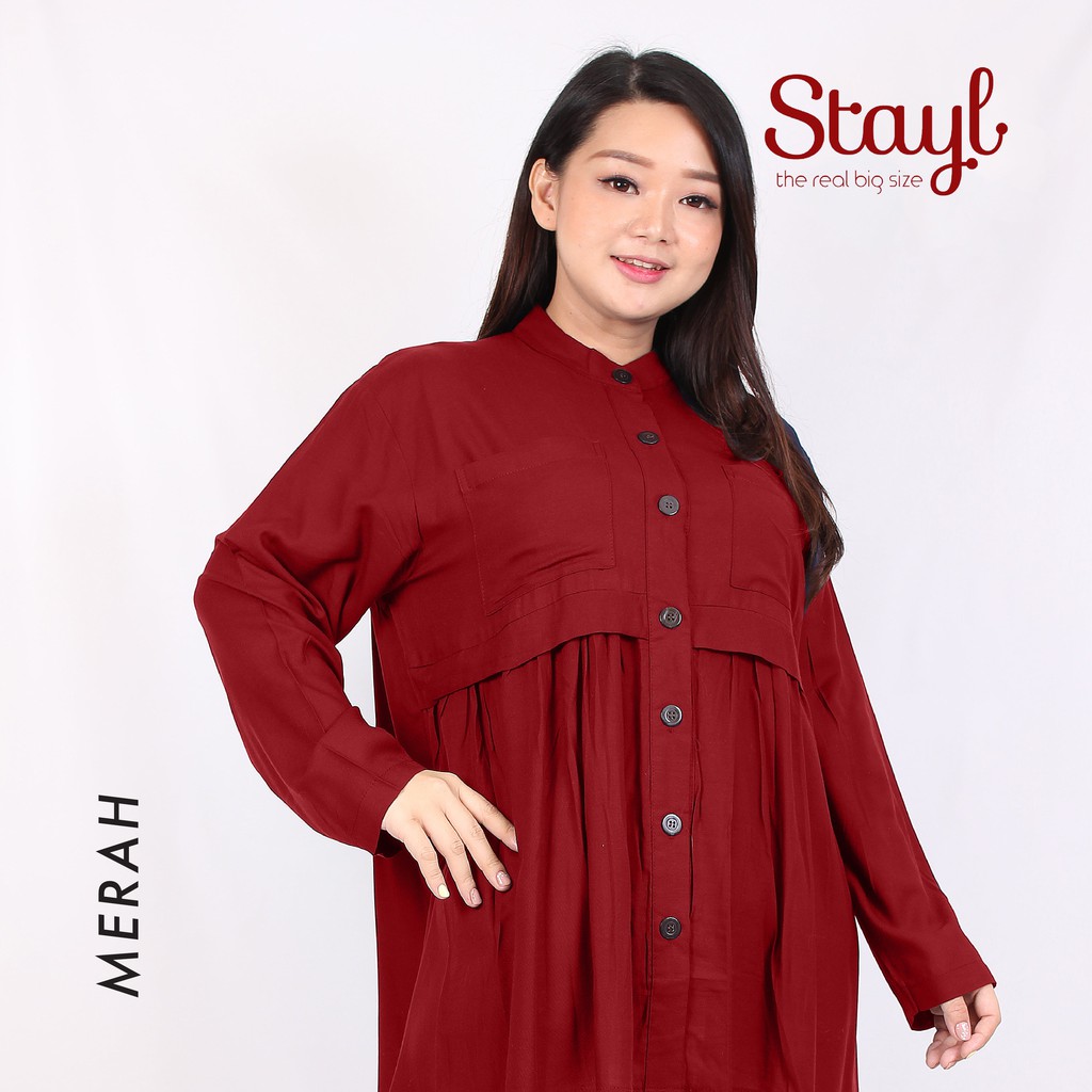Kemeja Wanita Lengan Panjang LD 100 - 120 3XL Jumbo Rayon Twill 7 Warna Qanita Atasan Big Size XL-Maroon