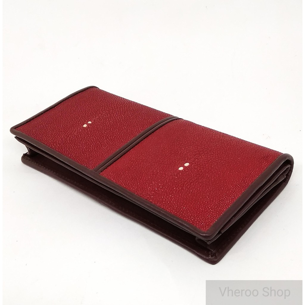 Dompet Wanita Kulit Pari Lipat Dua Panjang Merah Tua( Bisa Untuk Dompet HP/Smartphone )