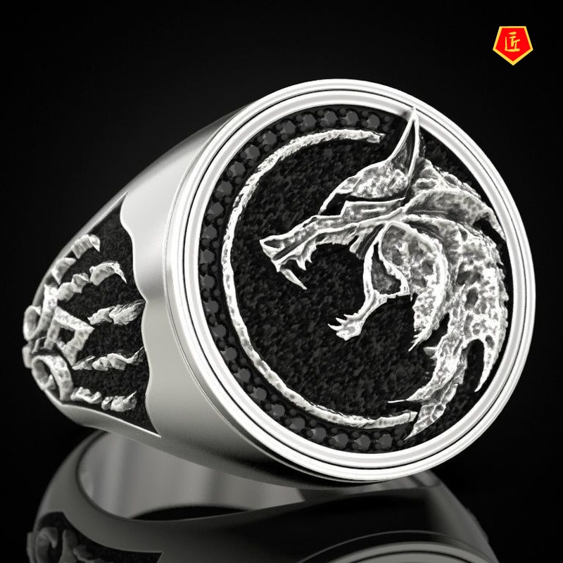 [Ready Stock]Men's Retro Two-Tone Wolf Ring