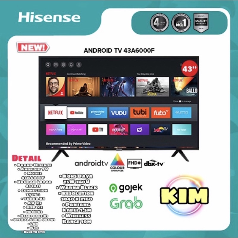 Hisense 43A6000F LED TV 43 inch Smart TV Android 9.0 FHD Voice Search