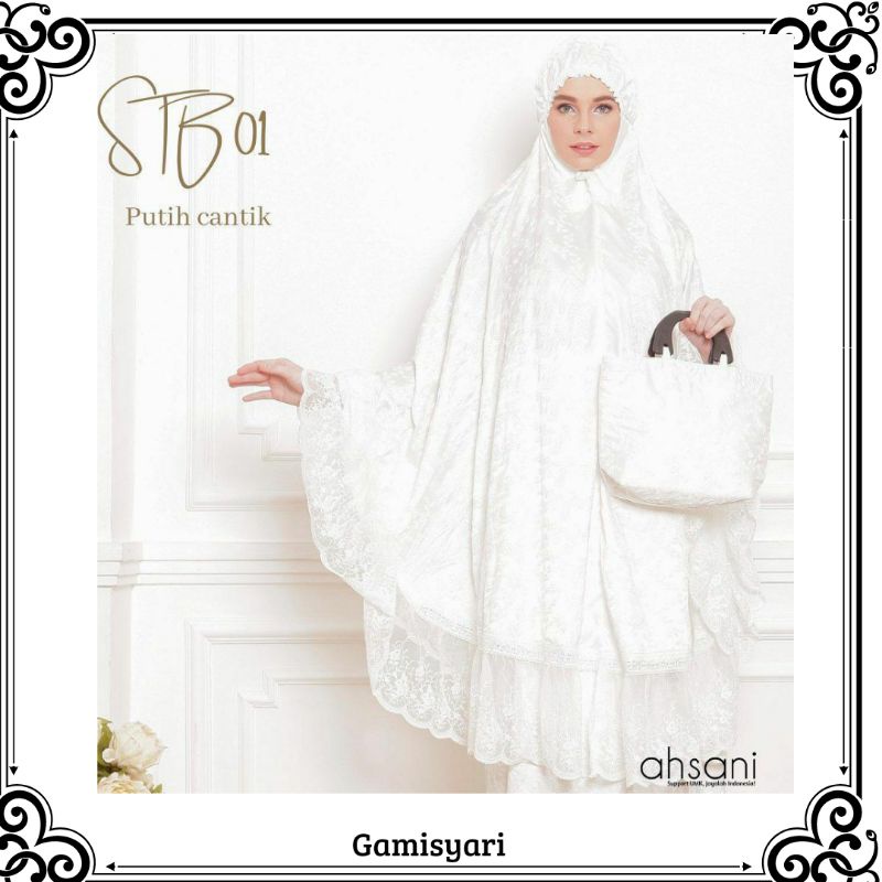 Mukena AHSANI STB01 Best Seller Original Sutera Sutra Premium Renda Tile Mewah Warna Putih Halus Ade