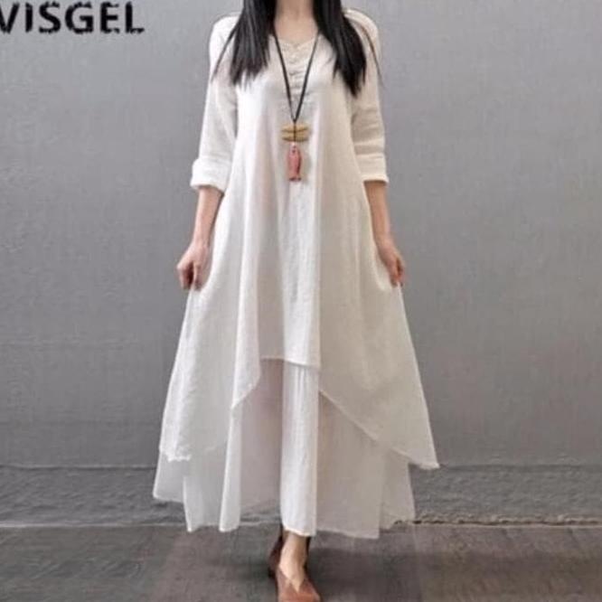VISGEL MAXI Dress Panjang Kaftan Gamis Modern Bahan Rayon Adem - Putih