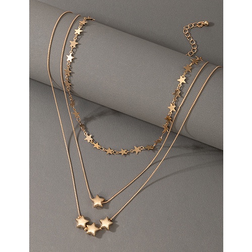 LRC Kalung Fashion Gold Color Five-pointed Star Multi-layered Necklace V63800