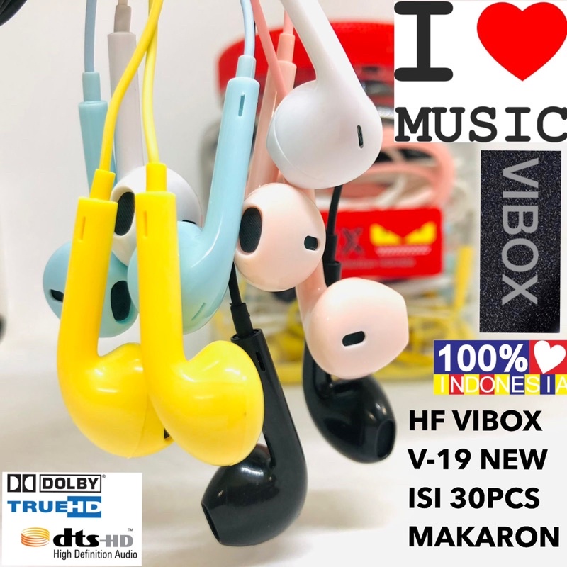 GROSIR HANDSFREE MACARON TOPLES VIBOX V19 NEW ISI 30PCS ORIGINAL FULL MUSIC ASIK