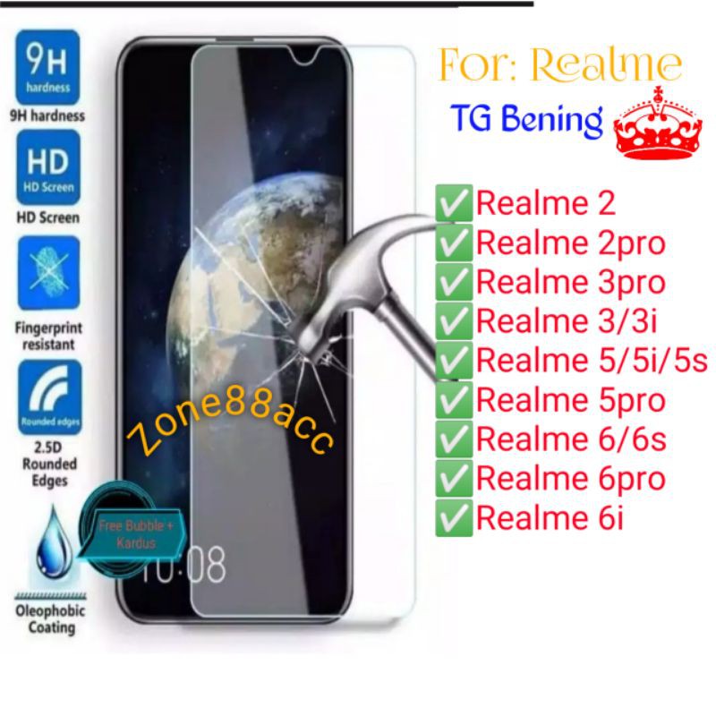 Realme 2 3 2pro 3pro 5pro 3i 5 5i 5s 6 6s 6i Pro Antigores Bening Tempered Glass Screen protector TG