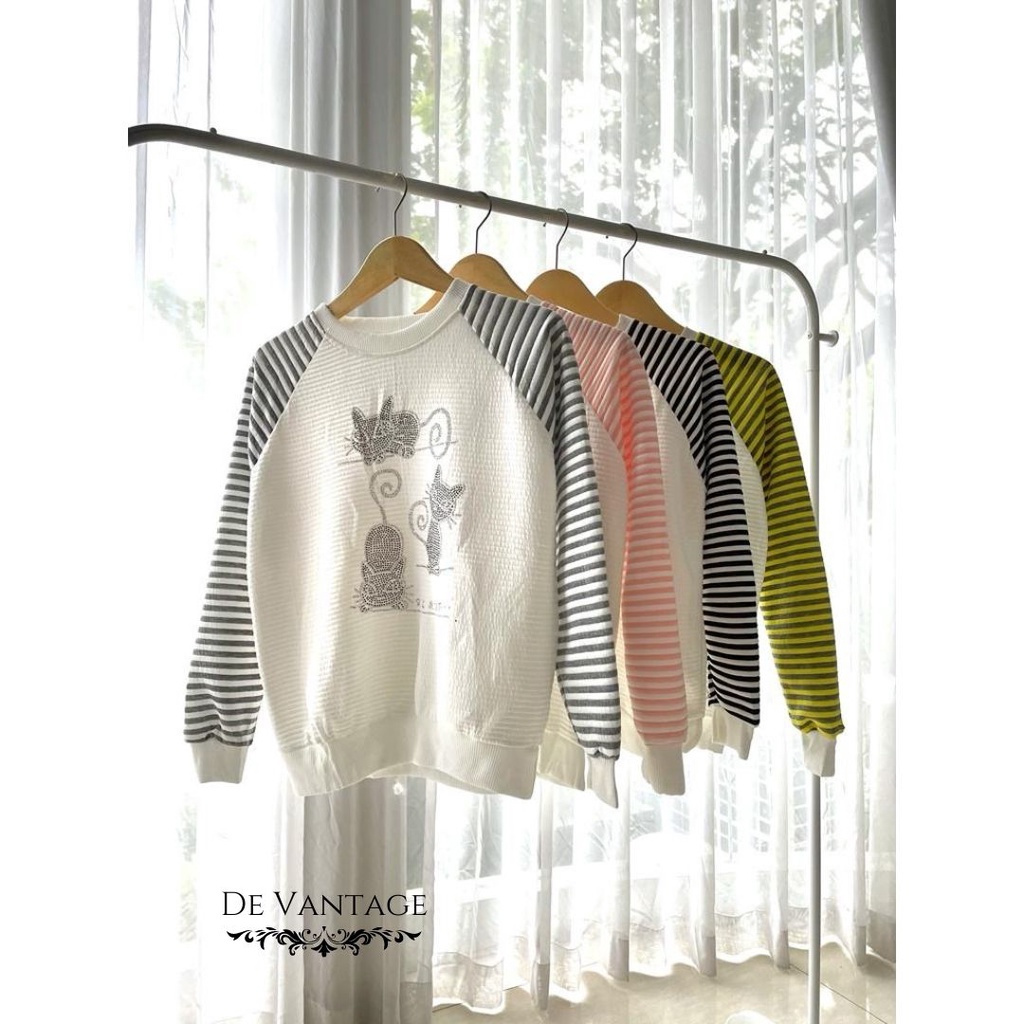 Sweatshirt Waffle Lengan Salur / Kaos Lengan Panjang Knit / Waffle Knit Sweatshirt