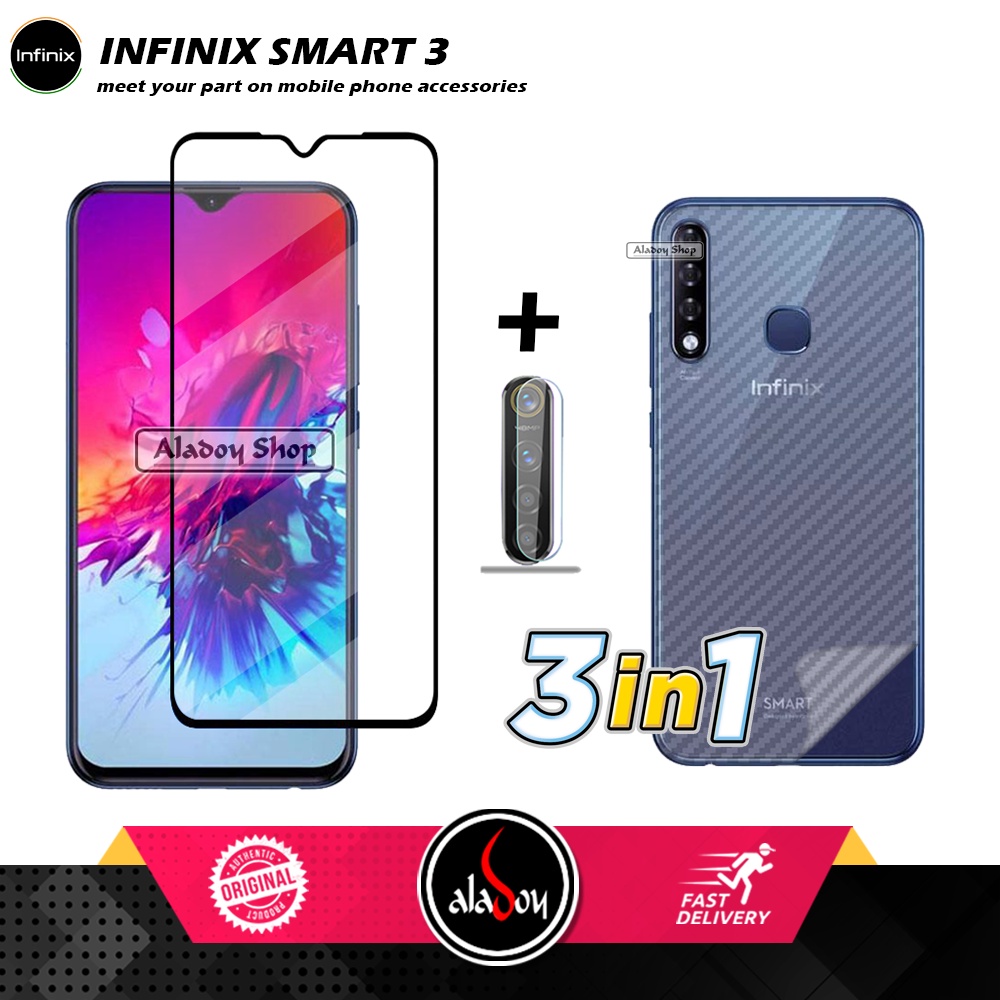 PAKET 3 IN 1 Tempered Glass Layar Infinix Smart 3 Free Tempered Glass Layar + Tempered Glass Camera dan Skin Carbon