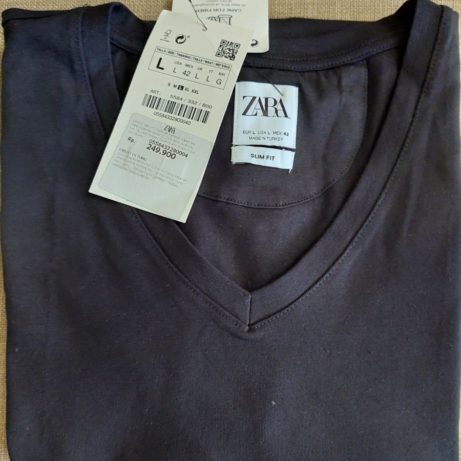 Zara Man T - Shirt Polos V Slim Fit Kaos Pria Hitam Black - ORIGINAL