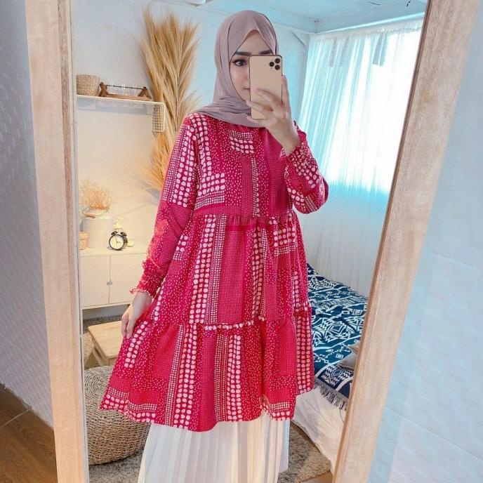 Baju Muslim Wanita Tunik Laura Motif Warna Pink Fanta Maxmara Busui