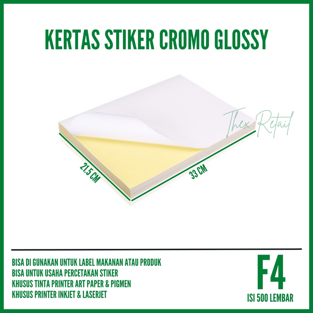 

Kertas Stiker Glossy F4 isi 500 lembar / Stiker Cromo Glossy F4