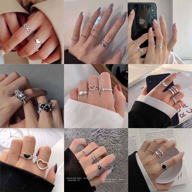 YEEZII 8pcs / Set Cincin Desain Butterfly Hati Warna Emas Silver Gaya Retro Untuk Wanita