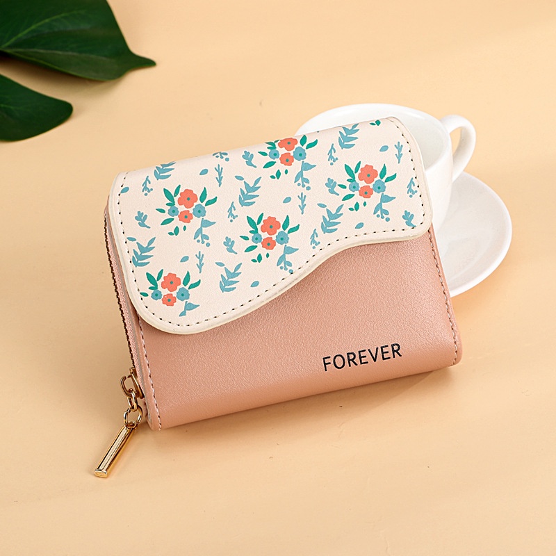 DOMPET LIPAT KECIL WANITA IMPORT KULIT PINK MOTIF BUNGA KOREA PREMIUM NAPAVA WA503P3 MINI SIMPLE LUCU SLOT KARTU UANG KOIN RESLETING REMAJA KEKINIAN BRANDED BATAM