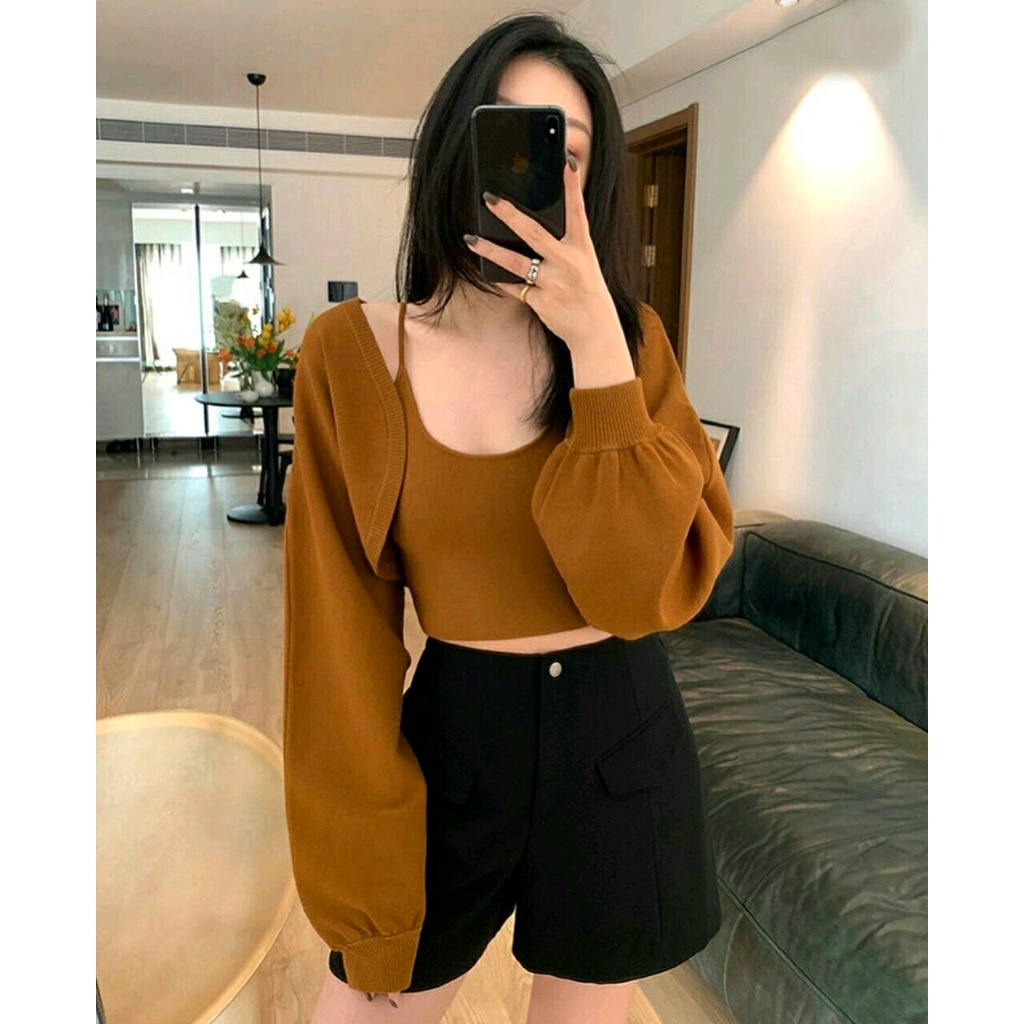 Cardi Lofila + Inner - Cardigan Lengan Gelembung Terbaru - Crop Cardi Wanita - Cardigan Rajut Perempuan