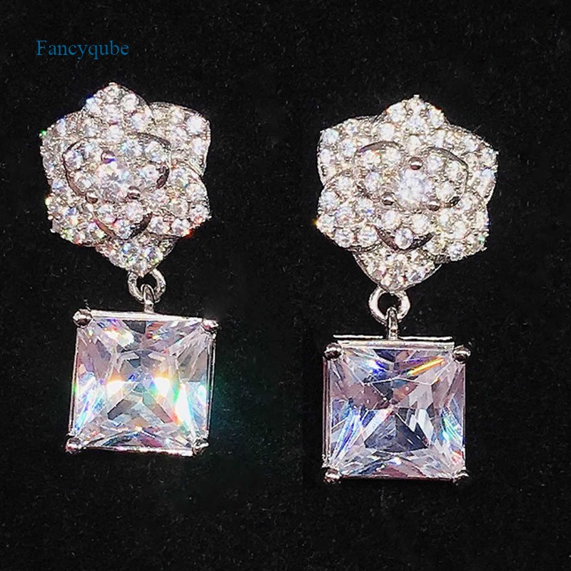 Fancyqube Anting Drop Cubic Zirconia Aaa Bentuk Bunga Mawar Persegi Warna Putih Untuk Wanita