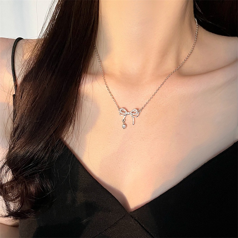 Papaozhu Trendi s925 Perak Berkilau Zirkon Berongga Busur Choker Kalung Untuk Wanita Perempuan Korea Lucu CZ Ikatan Simpul Liontin Kalung Perhiasan