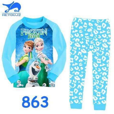 Ready Stock Setelan Piyama Anak Perempuan Frozen Fever Biru Nyaman Lembut Pakaian Anak Perempuan Baj
