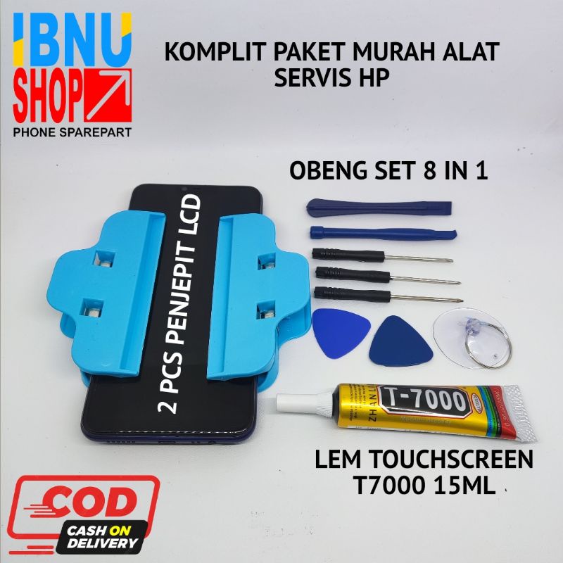 PAKET MURAH OBENG PEMBUKA HP 8 IN 1 + LEM LCD TOUCHSCREEN LEM T7000 (hitam) &amp; PENJEPIT LCD