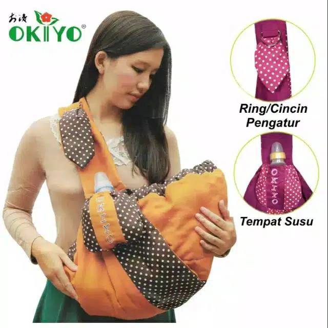 Gendongan Samping Okiyo + TEMPAT BOTOL SUSU Ring Sling Motif Polkadot Kombinasi Gendongan Bayi G-777