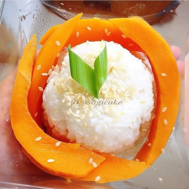 

mango sticky rice.potongan mangga disajikan dengan ketan dan saus santan.makanan khas thailand yang