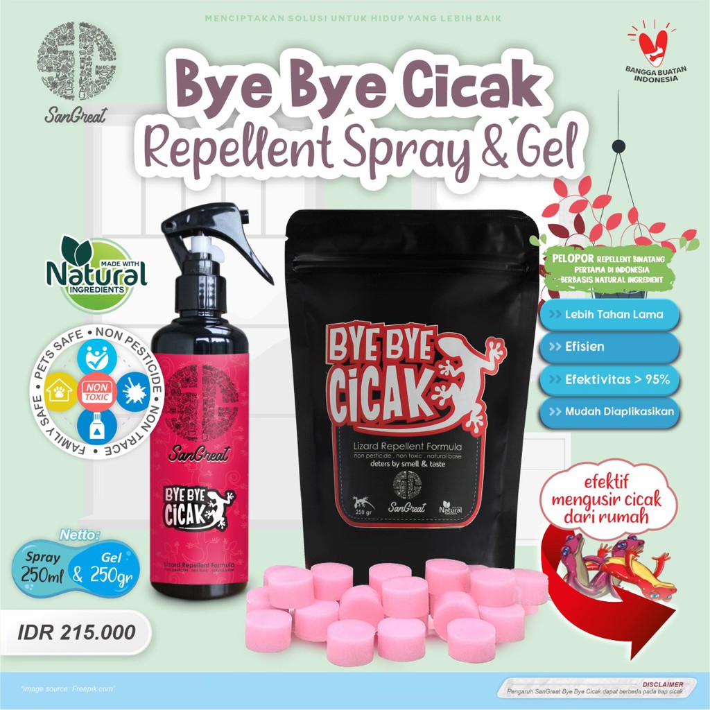 Semprotan cicak dan kapur barus anti cicak organik obat Pengusir Cicak Alami Terbaik SanGreat Bye Bye Cicak Gel 250 gr dan Spray 250 ml agar cicak pergi dari rumah