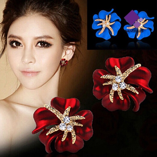 Anting Stud Desain Bunga Bintang Laut Aksen Berlian Imitasi Untuk Wanita