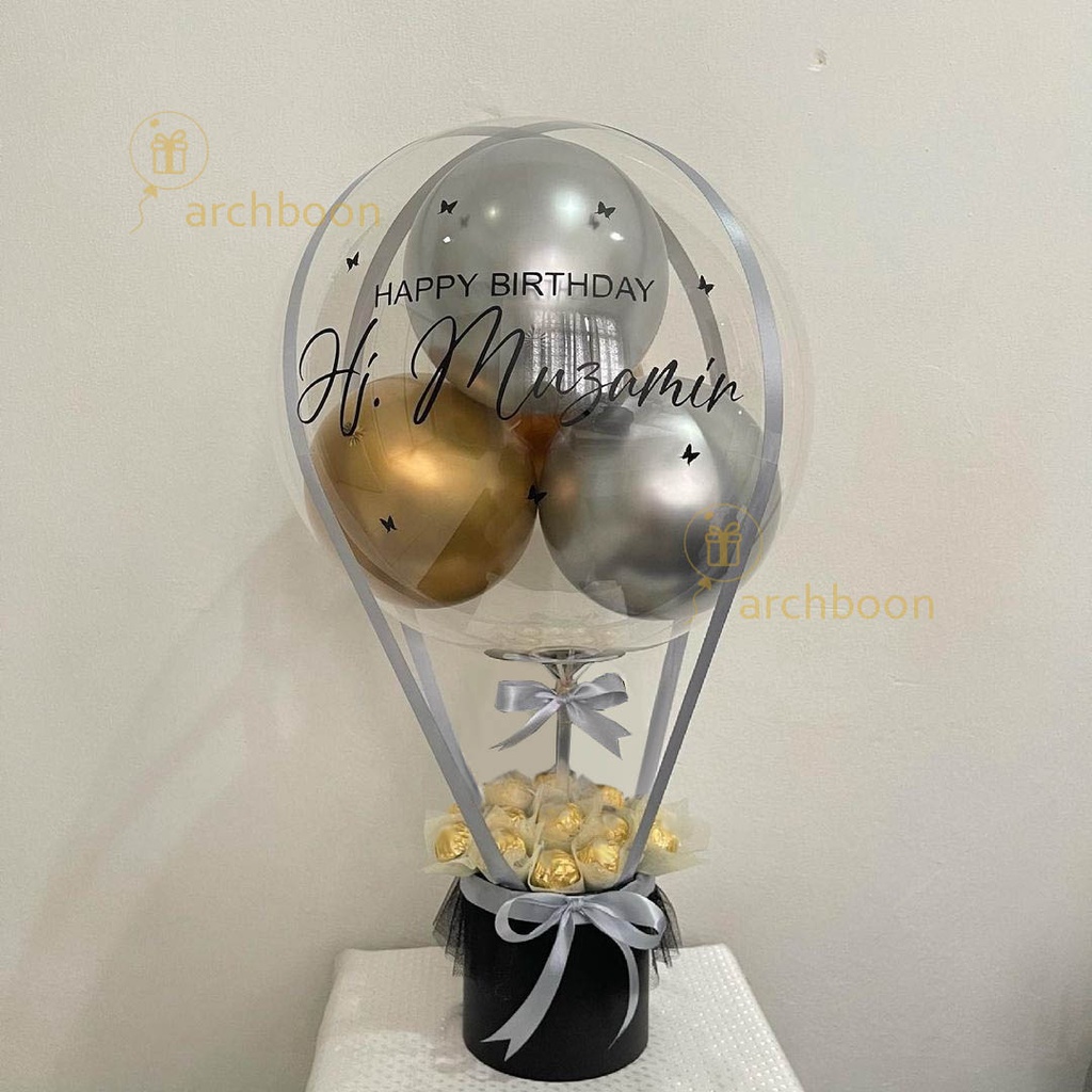 

Buket Balon Udara isi Coklat dengan Stiker Ucapan Custom Text Tulisan bisa tambah Lampu LED - Hot Air Balloon Bouquet Chocolate Hampers - Hitam Emas Black Gold Abu Grey - Ready Makassar
