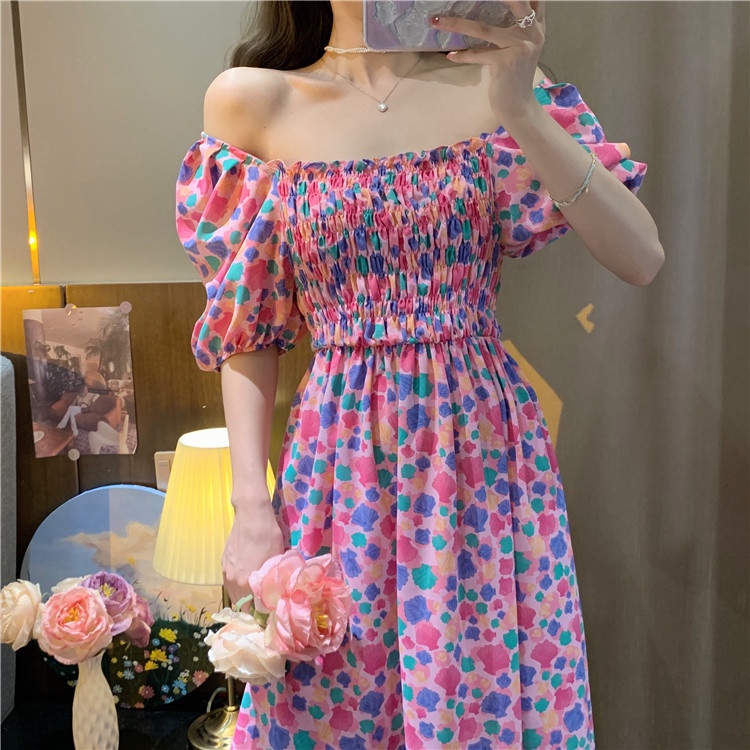 2022 New Fashion Korean Style Chiffon Floral Print Casual Midi Dress Pink Blue Summer Short Sleeve Sexy Off Shoulder Women Beach Bali Dresses 2023t