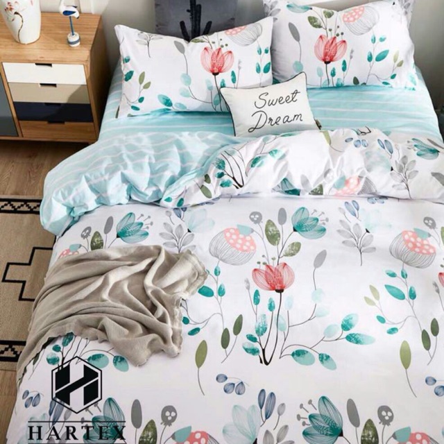Sprei / Bedsheet Katun Jepang Motif Bunga + Stripes Putih Hijau