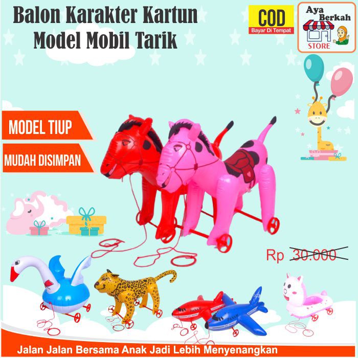 Mainan Anak balon tiup pvc karakter hewan kartun model mobil mobilan tayo tali tarik murah