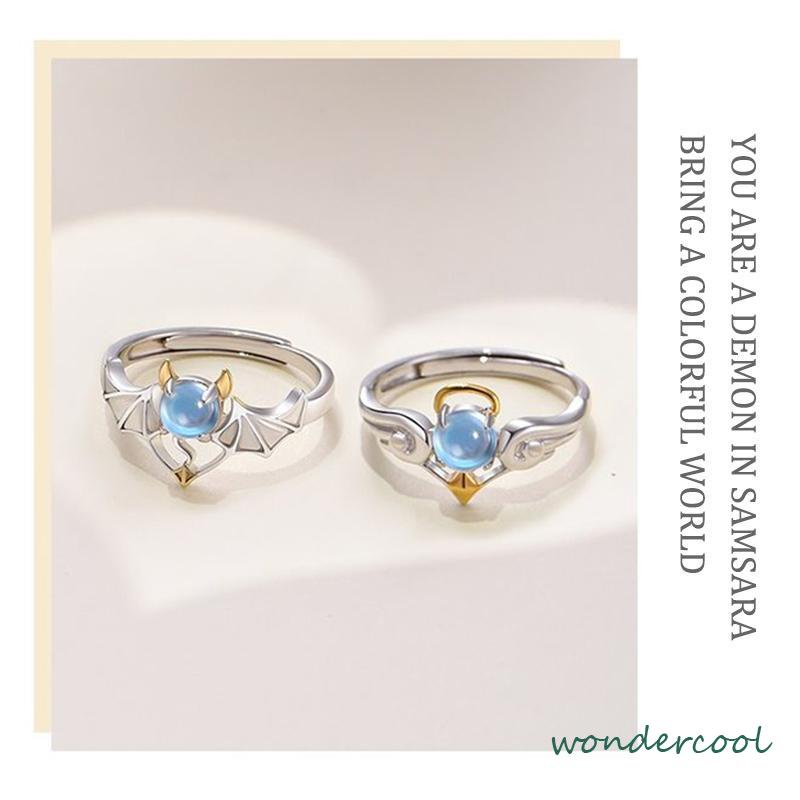 Perhiasan Cincin Pasangan Perak Biru Moonstone Malaikat Setan-Won