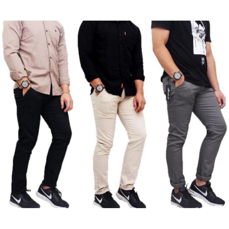 CELANA CHINO Panjang pria Slimfit KERJAHARIAN Santai Casual Formal Hitam Abu Cream Mocca Size 27-38