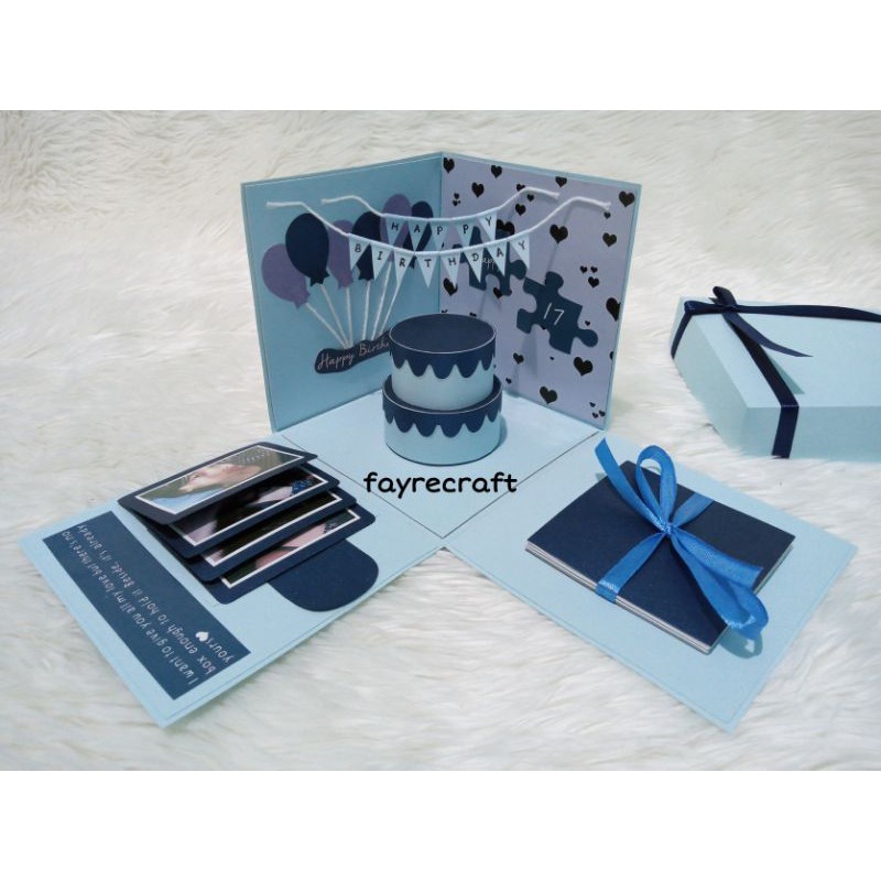 

EXPLOSION BOX KADO ULTAH KADO WISUDA UNIK CUSTOM HANDMADE WARNA SOFT BLUE KOMBI NAVY