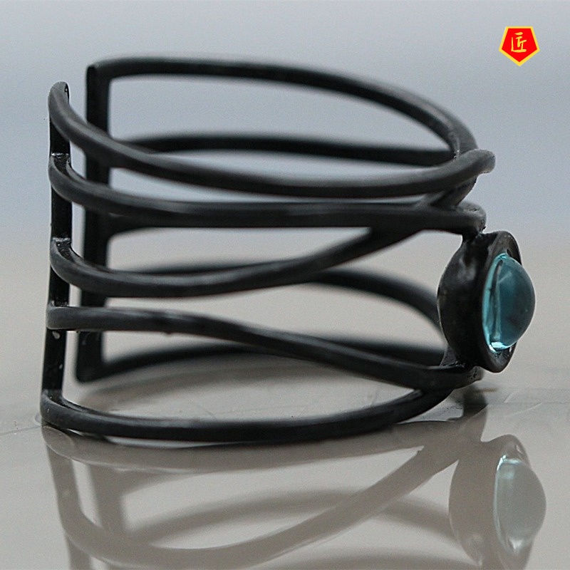 [Ready Stock]Creative Abstract Art Line Moonstone Ring Exaggerated Black Gold Fashion