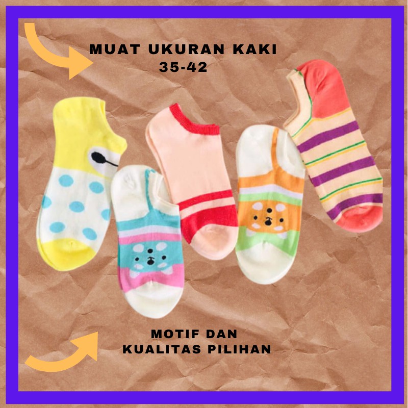 KAOS KAKI PENDEK WANITA. 5 PASANG KAOS KAKI WANITA PENDEK. KAOS KAKI MOTIF WANITA IMPORT