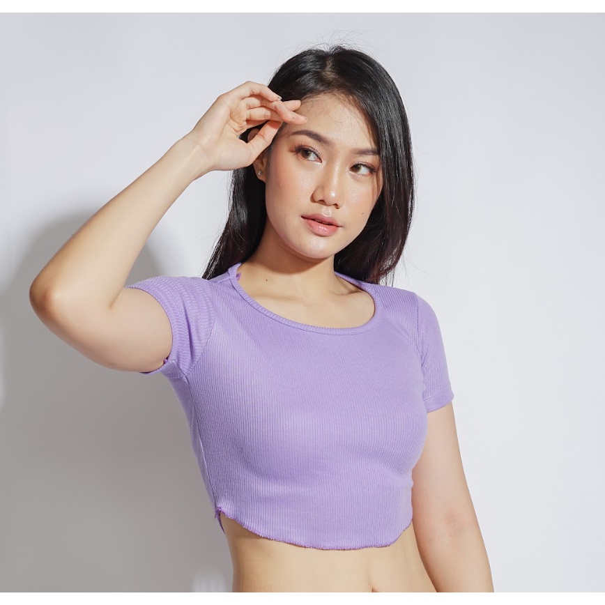 MODAVIE - ELENA CROP TOP Knit Crop Tee Unfinished Kaos Wanita Korean Crop Top