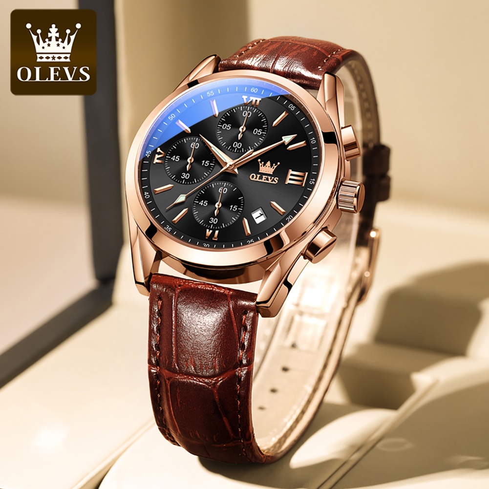 OLEVS Jam Tangan Pria Anti Air Original Asli Kulit Tahan Keren Ori Hitam Coklat Luxury Chronograph Watch Men Multifungsi