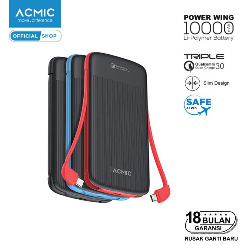 ACMIC Power Wing 10000mAh PowerBank dengan Triple Quick Charge 3.0 - Black Blue