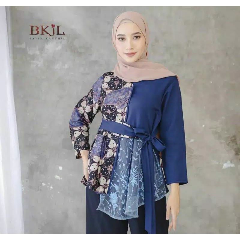 tey-17 Batik wanita ASJ SA HRB026 Kenongo Kemeja Tosca Pendek-Best Tile Navy