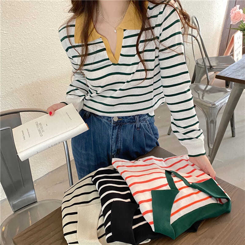 YIU YIU Rajut - Polo Shirt Rajut Premium Stripe Crop Top Lengan Panjang Wanita Korea