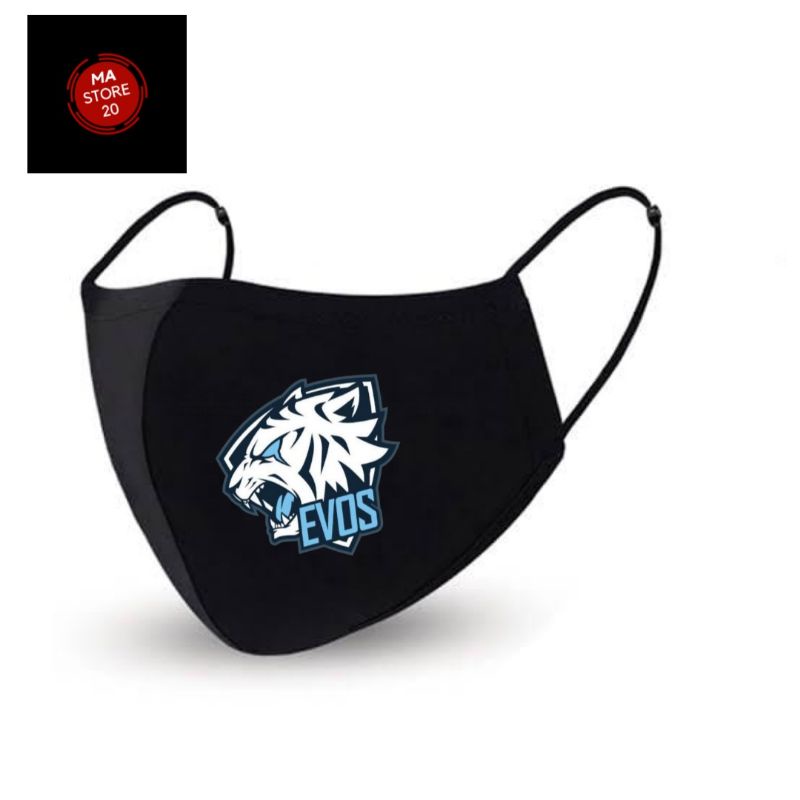 Masker Logo EVOS mobile legend Scuba / 3 Lapis Earloop Hitam kain masker