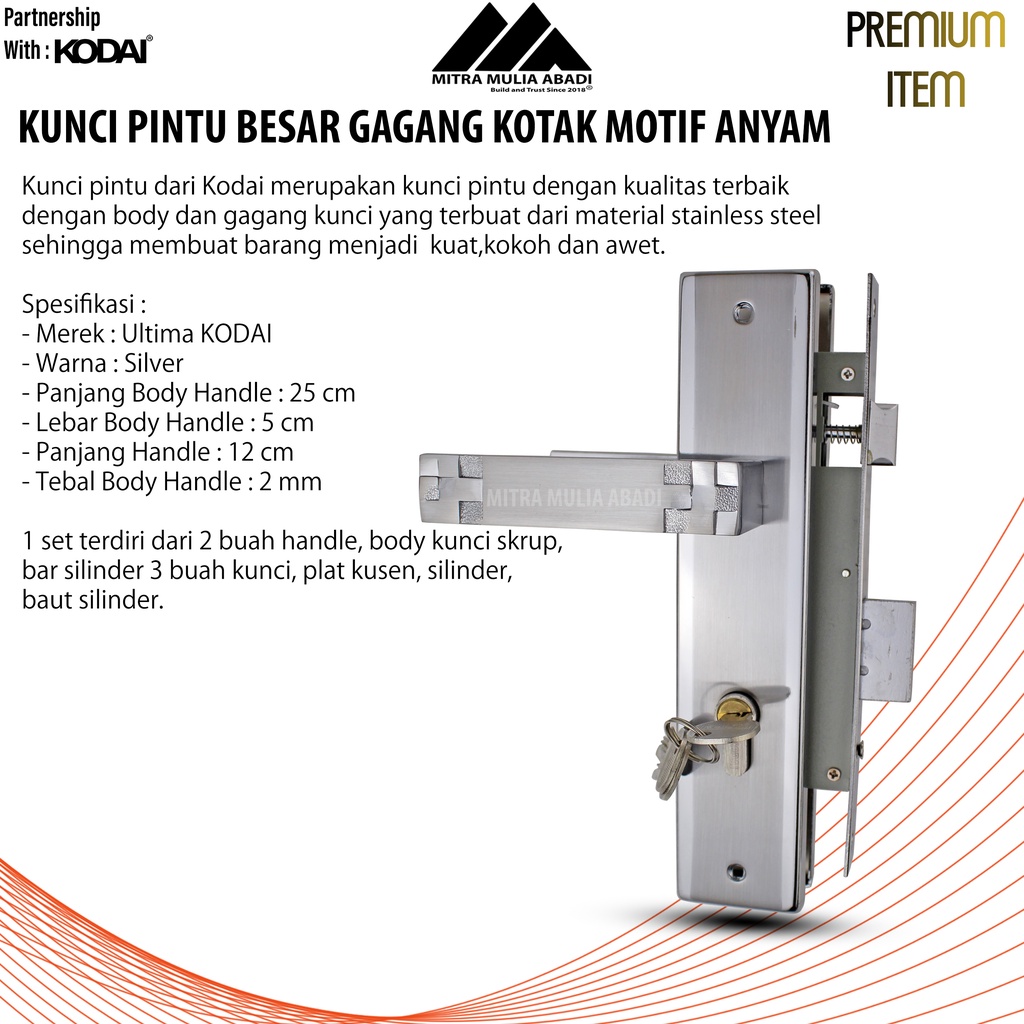 Kunci Pintu Besar Silver Ultima by KODAI | Gagang Kotak Motif Anyam | Full Set